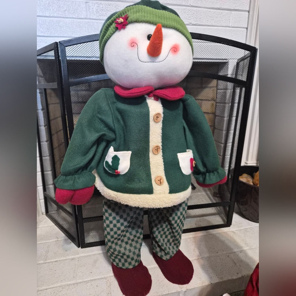 Festive Vintage Snowman Soft Statue with Green Jacket